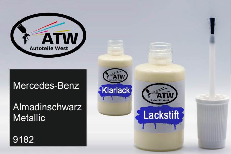 Mercedes-Benz, Almadinschwarz Metallic, 9182: 20ml Lackstift + 20ml Klarlack - Set, von ATW Autoteile West.